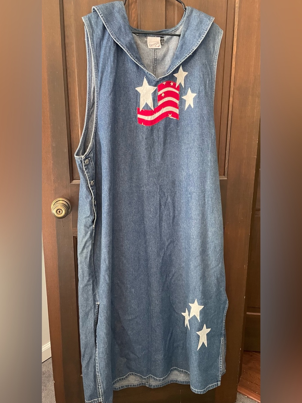 Reverly’s Vintage Patriotic Denim Maxi Dress with Red, White Stars